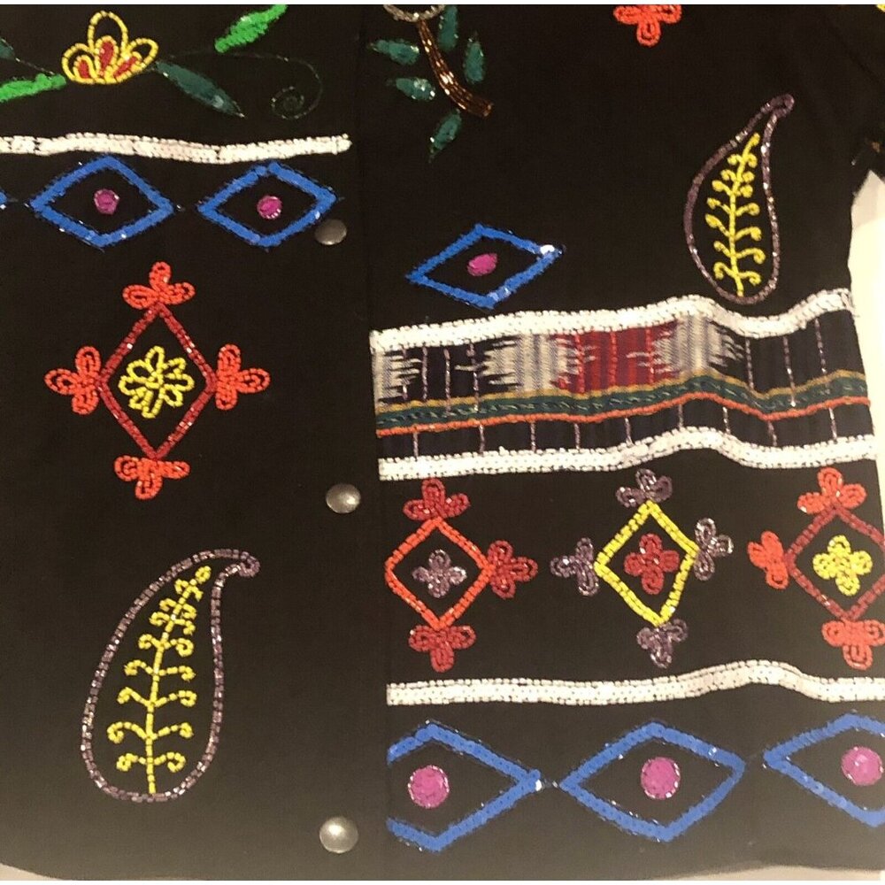 Vintage MODI Denim Beaded Sequined Black Floral Paisley Jacket NEW SAMPLE Sz Med - Picture 4 of 11